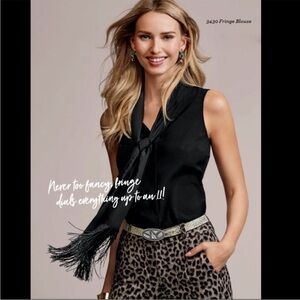 CABI fringe blouse black attached scarf lightweight sleeveless button down Med